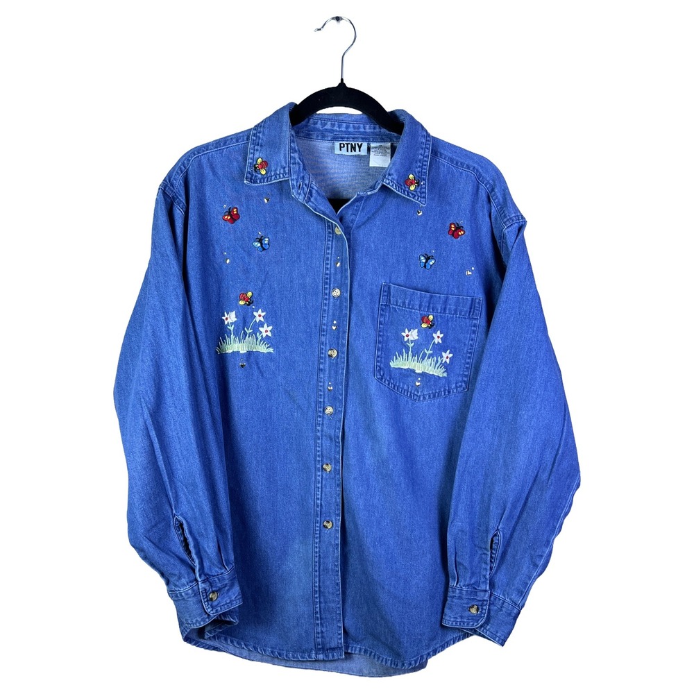 PTNY Denim Shirt 90s Vintage Women's M Embroidered Butterfly Cottagecore